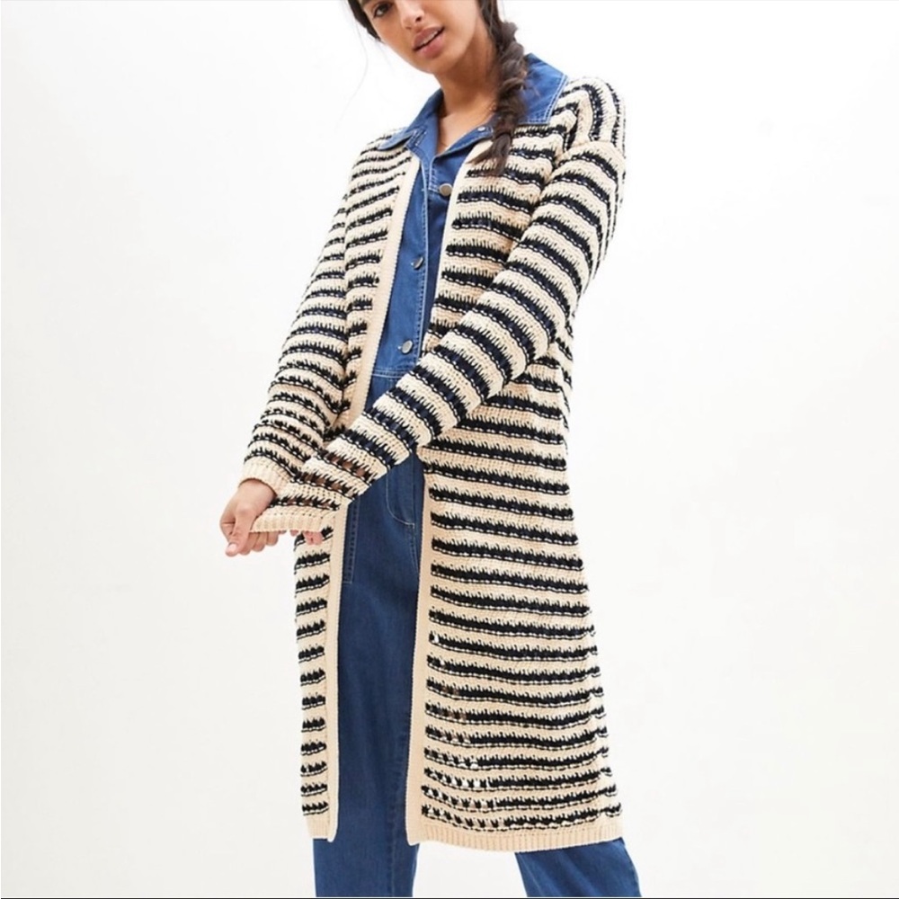 Anthropologie Maeve Black & Cream Stripe Knit Open Front Long Cardigan Sweater S